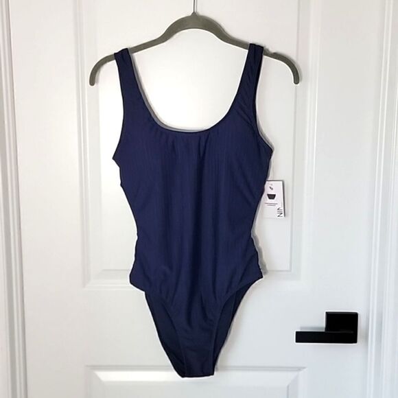 Nine West Solid Navy Blue Ribbed Tie Back One Piece Swimsuit- Size Medium - Picture 3 of 15